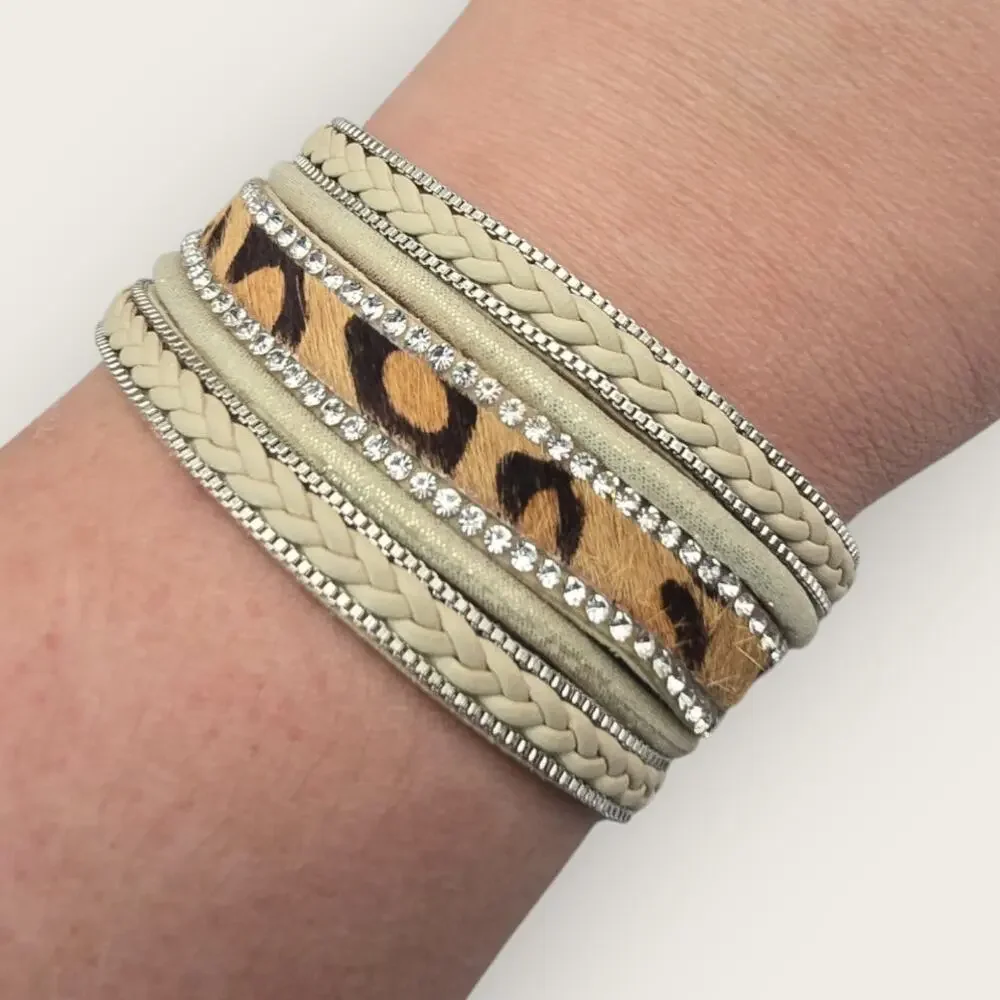 Leopard Rhinestone Wrap Bracelet Magnetic Cuff Y2K Glam Statement